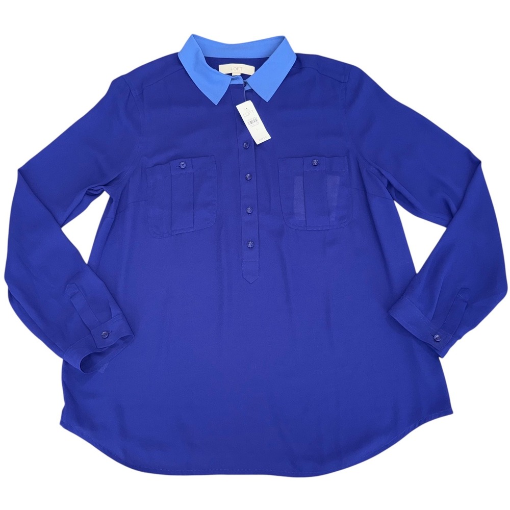 Ann Taylor LOFT NWT Blue Long Sleeve Sheer Button‎ Front Shirt Size L Blouse